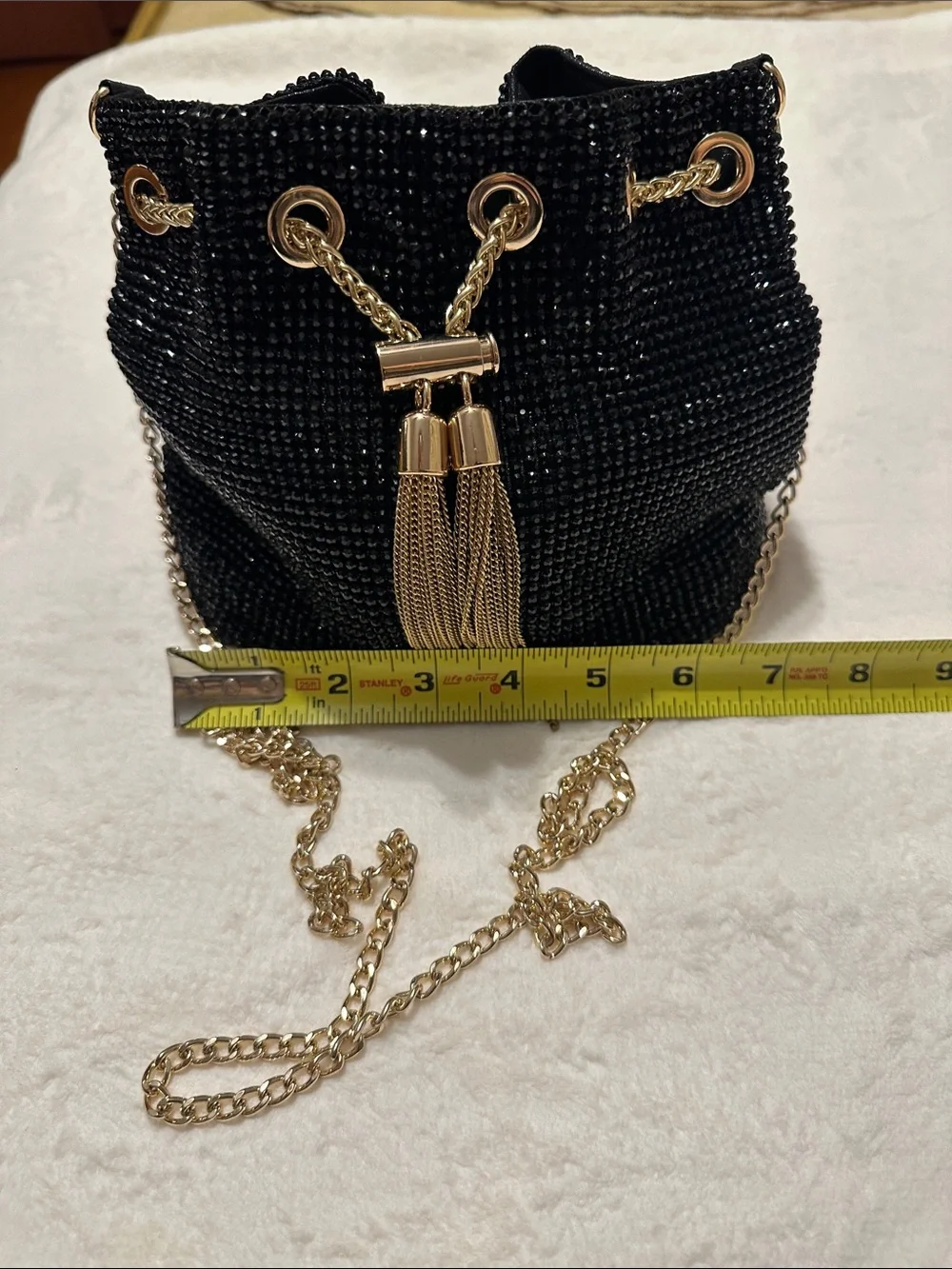 Olga Berg Black Beaded Crossbody Bucket Bag with Gold Chain & Tassels